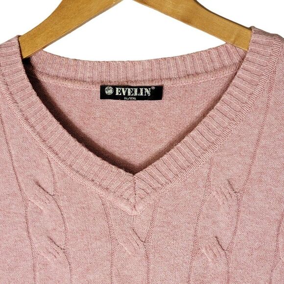 Evelin Italian Cable Knit Sweater Womens M Pink Vneck Long Sleeve Modal Barbie - Picture 3 of 10